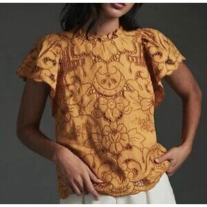 Anthropologie Lainie High Neck Cutwork Blouse Top Yellow XS Short Sleeve